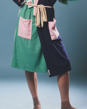 Color-blocked Highway Robery robe with green, pink, and navy sections on a plain background