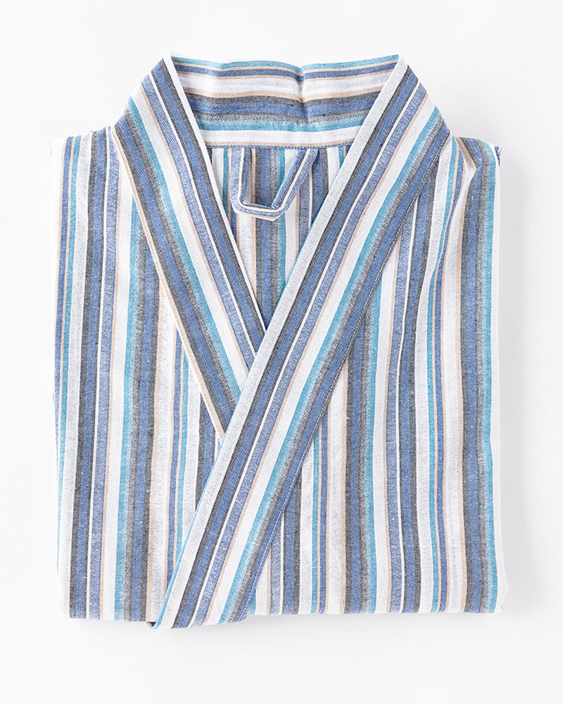 Striped robe with blue and white pattern on a white background