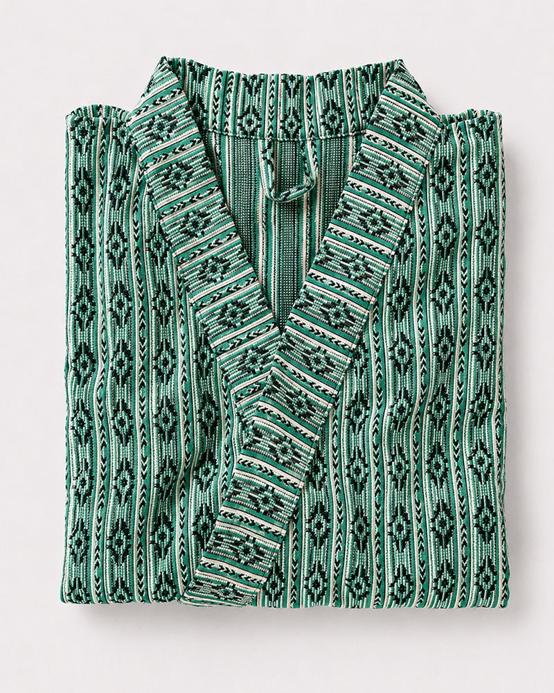 Folded green patterned robe from Highway Robery