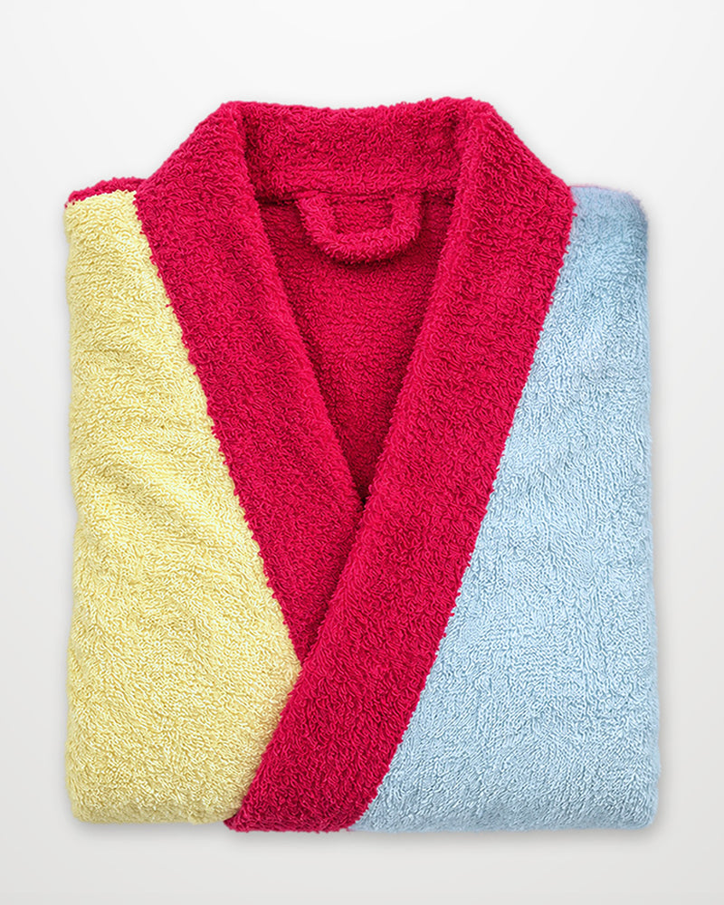 Red blue and yellow color block terrycloth robe from highway robery